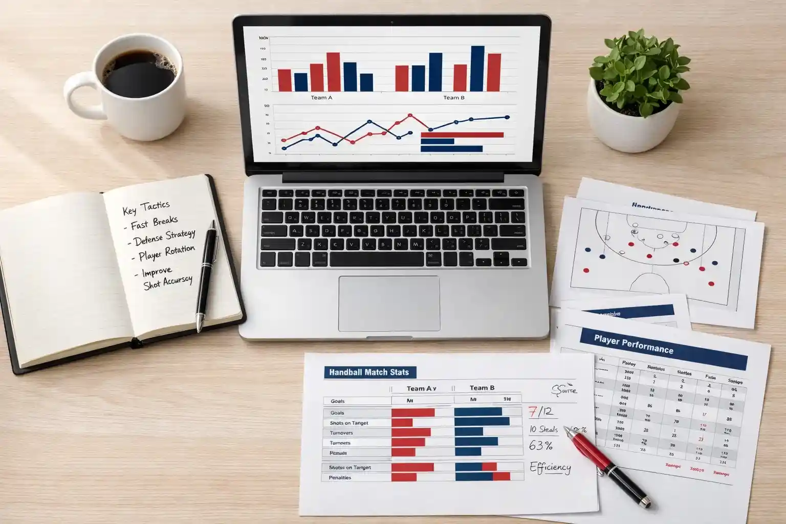 Arbejdsbord med statistikdokumenter, baerbar computer og notesblok til handboldanalyse