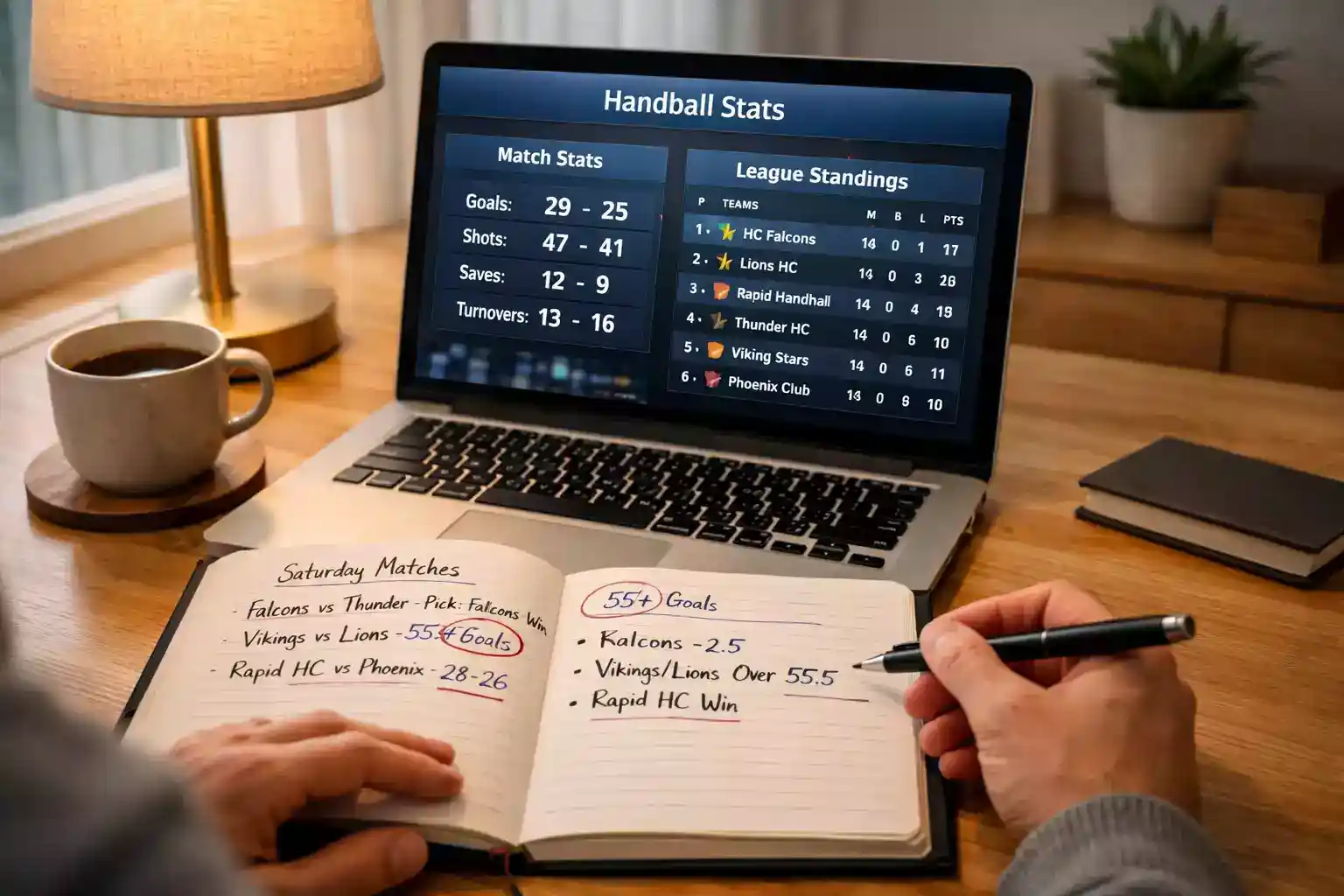Person analyserer håndboldstatistik på laptop med notesblok ved siden af