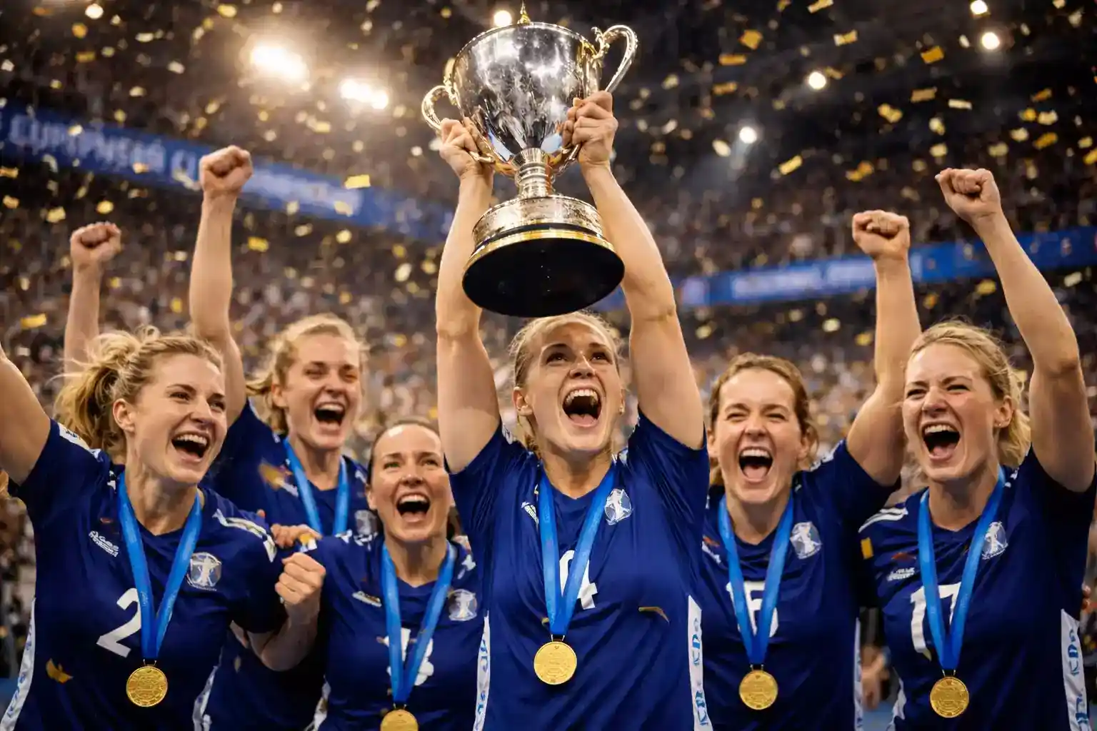 Norsk kvindelandshold i håndbold med EM-trofæ og guldmedaljer