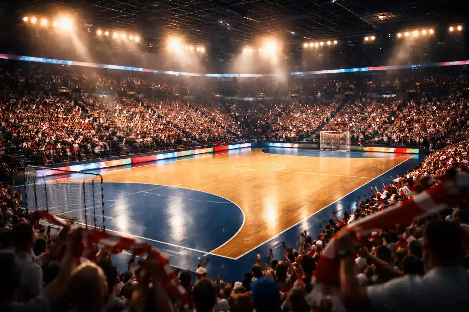 Fyldt handboldhal under Kvindeligaen-kamp med entusiastiske fans og dramatisk belysning