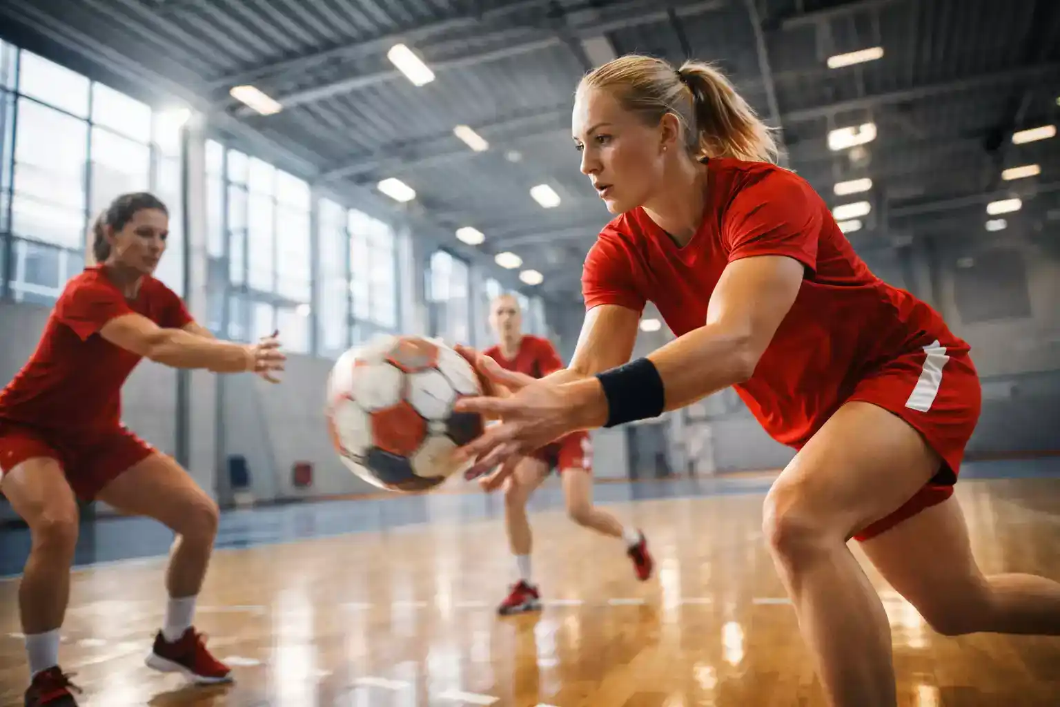 Danske handboldspillere under intensiv traening i moderne sportshal