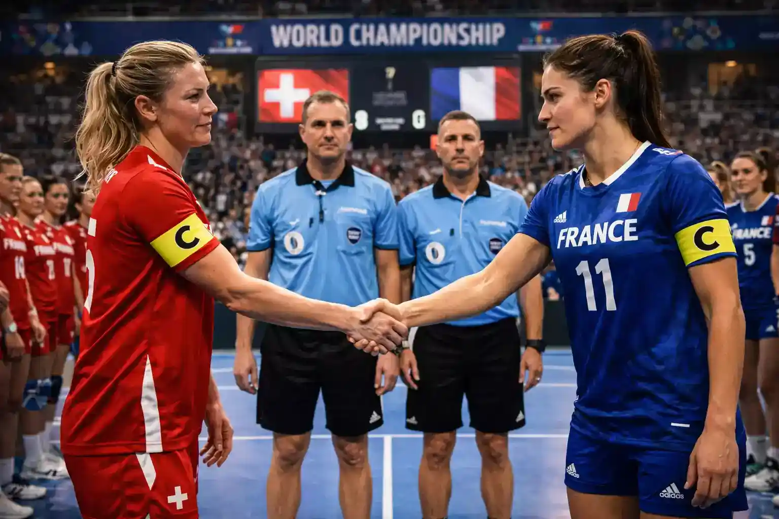 Håndboldspillere giver hånd før gruppekamp ved VM med landsflag i baggrunden